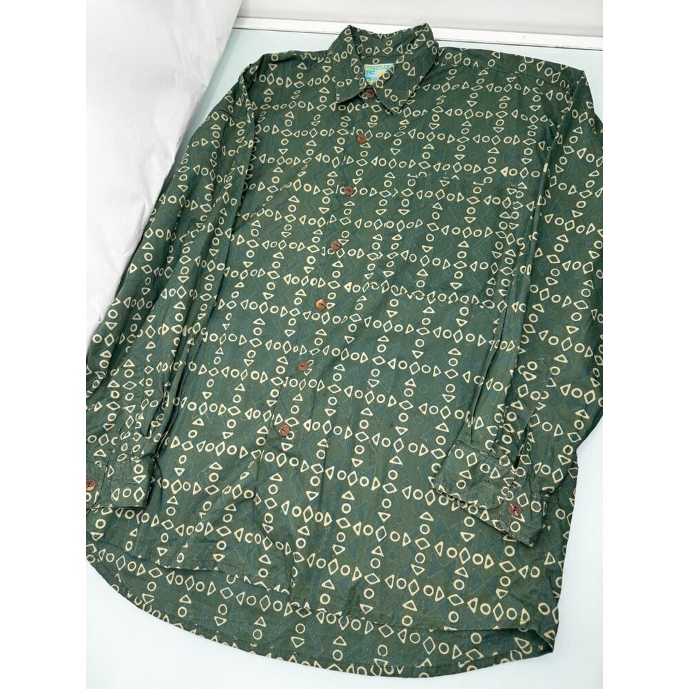 Mutiara Art Bali Men Shirt Lightweight Button Up Geometric Long Sleeve Green XL - Picture 2 of 5